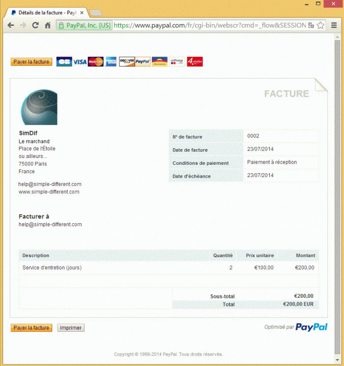 Exemple de facture Paypal, consultable sur le web.