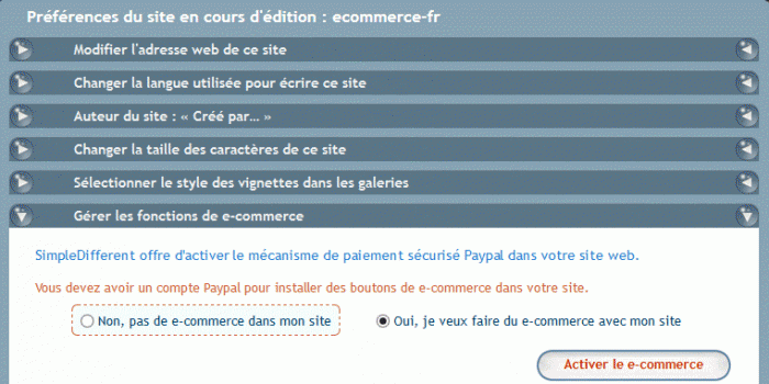 Allez dans les préférences de votre site Pro pour activer la fonction e-commerce.